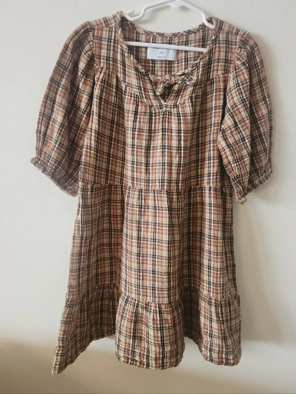 Brown Plaid Cottagecore 100% Indian Cotton Puff Sleeve Dress